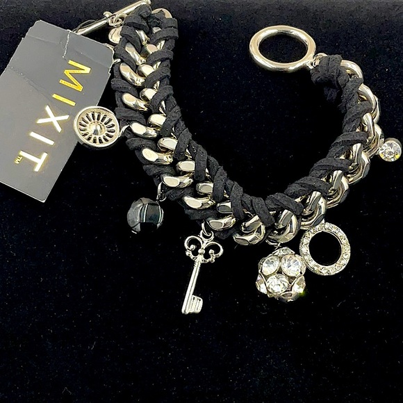 MIXIT 7” Black Leather Weaved Through Silver Charm Bracelet - Picture 3 of 7